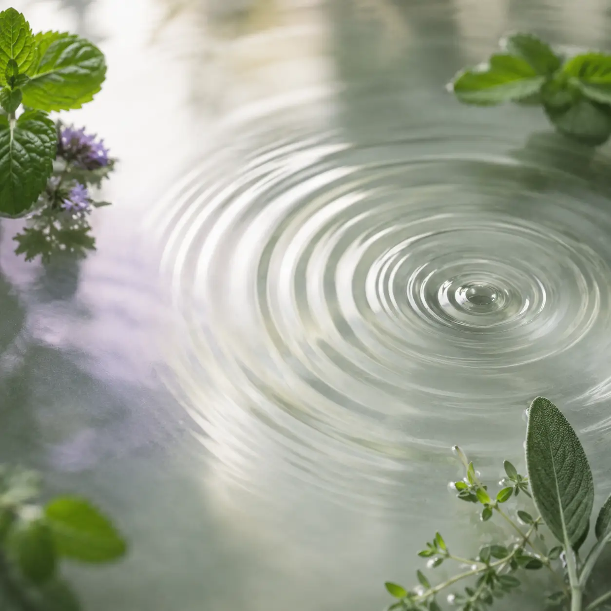 Feine konzentrische Wellen auf ruhigem Wasser, umrahmt von frischen Kräutern und Lavendel, als Sinnbild für die Arbeit mit feinen Schwingungen