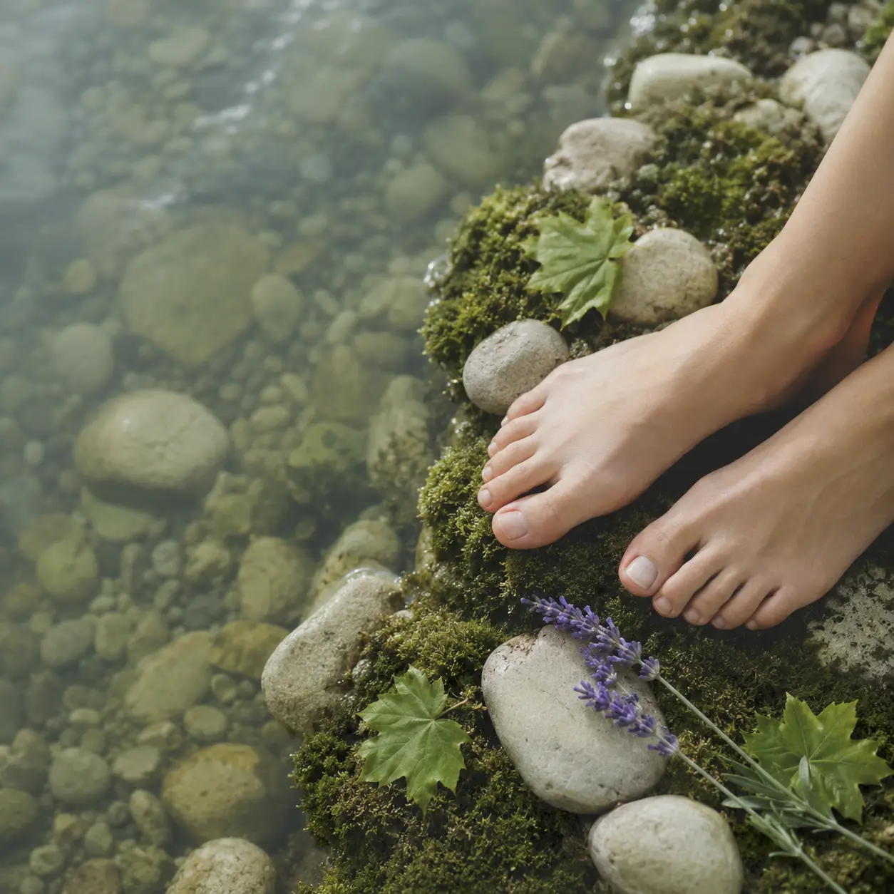 Bloße Füße ruhen entspannt auf bemoosten Steinen am Ufer klaren Wassers, daneben Lavendel und grüne Blätter, als Sinnbild für Erdung und Ausgeglichenheit