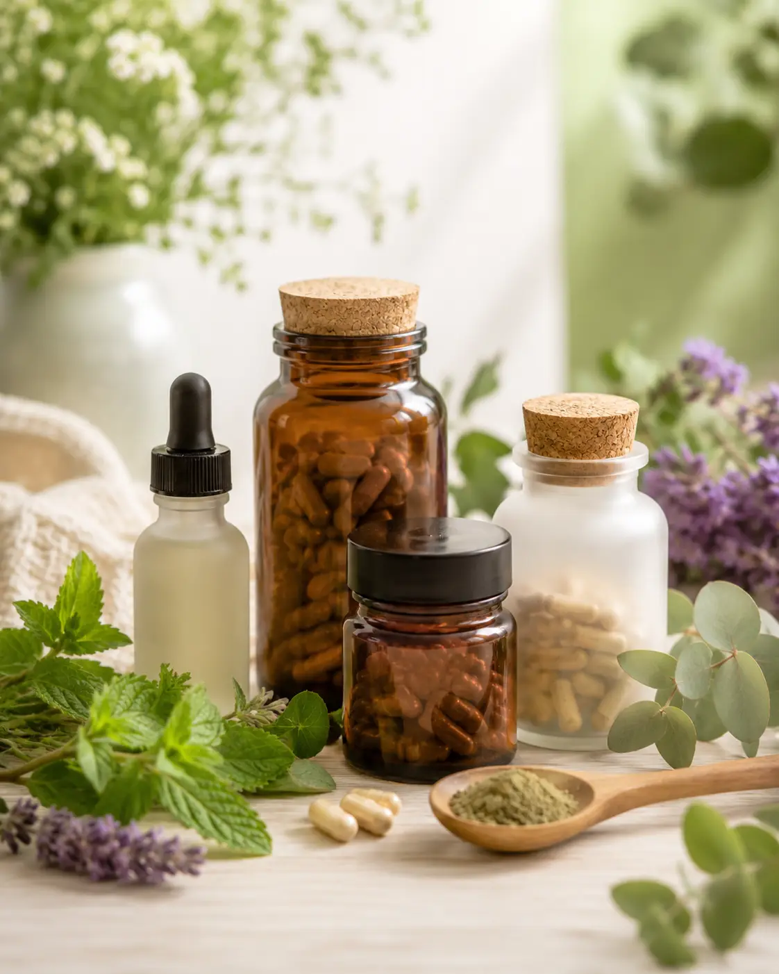 Naturreine Nahrungsergänzung in Braunglas-Gläsern mit Kräutern